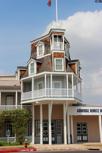 Steamboat shaped facade (1870, rebuilt late 20thC) of Nimitz Hotel, now Admiral Nimitz Museum. Fredericksburg, TX.