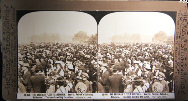 Stereograph (1908) of Great White Fleet's visit to Australia (crowds waiting for sailors) at National Museum of the Pacific War. Fredericksburg, TX.