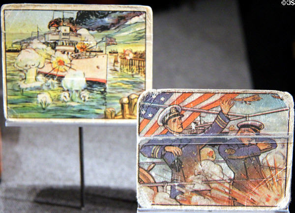 Bubblegum cards depicting Japanese attack on river gunboat USS Panay (Dec. 12, 1937) on Yangtze River in China at National Museum of the Pacific War. Fredericksburg, TX.