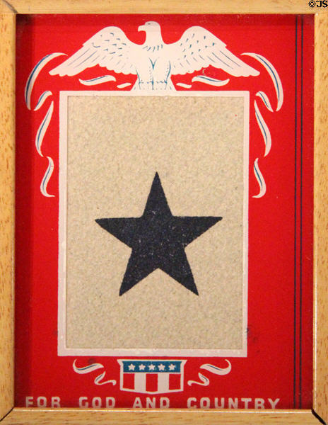 WWII Blue star banner hung on family door with star for each service member from family at National Museum of the Pacific War. Fredericksburg, TX.