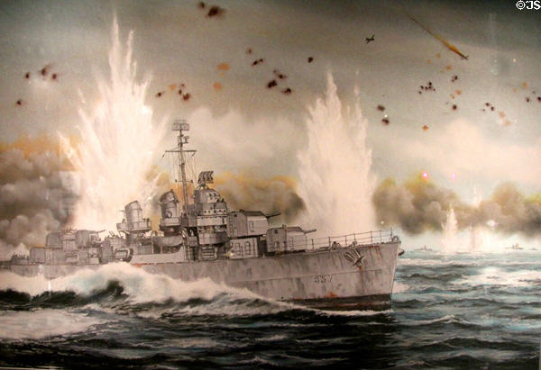 USS Johnston under fire at Battle off Samar painting by Pierre de Wispelaere at National Museum of the Pacific War. Fredericksburg, TX.