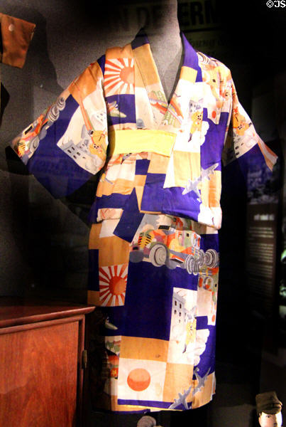 WWII Japanese boy's kimono with motifs of Japanese soldiers, armored cars, airplanes & flags at National Museum of the Pacific War. Fredericksburg, TX.
