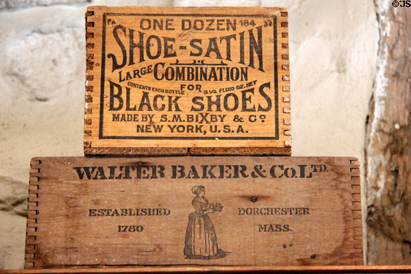 Wooden crates for Bixby shoe satin bottles & Baker Chocolate in Kammlah general store at Pioneer Museum. Fredericksburg, TX.