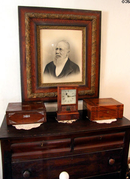 Portrait of John O. Meusebach (prior to 1897) who negotiate a peace treaty with the Comanche over chest of drawers brought from Germany by Meusebach at Pioneer Museum. Fredericksburg, TX.