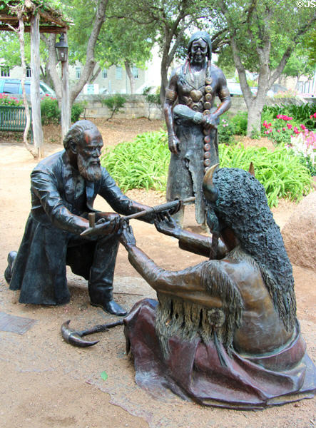 Lasting Friendship with John O. Meusebach negotiating peace treaty with Comanche Chief Santa Anna sculpture (1995) by J. Hester. Fredericksburg, TX.