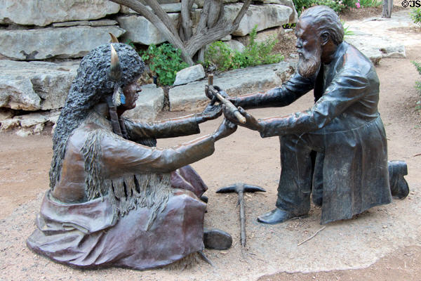 Lasting Friendship sculpture (1995) by J. Hester shows peace between German settlers & Comanche, the only known American treaty thought never to have been broken. Fredericksburg, TX.