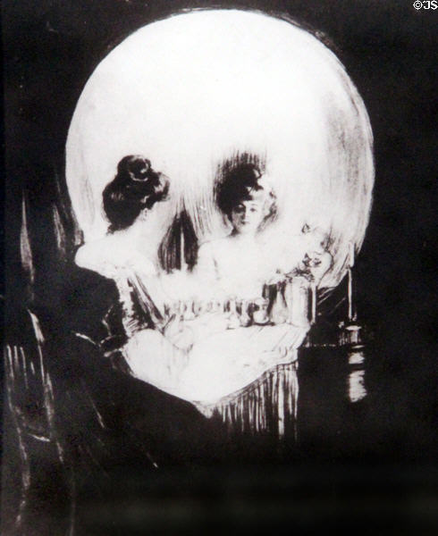 All is Vanity figure-ground graphic (1892) is seen as skull OR as woman preening in a mirror which LBJ's mother used to shock guests at LBJ Boyhood Home. Johnson City, TX.