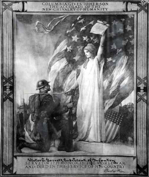 Graphic honoring soldier killed in World War I signed by Woodrow Wilson with caption Columbia gives her son, the accolade of the new Chivalry of Humanity at Capt. Charles Schreiner Mansion. Kerrville, TX.