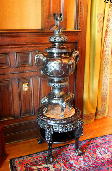 Decorative Oriental metal urn in central hall at McFaddin-Ward House. Beaumont, TX.