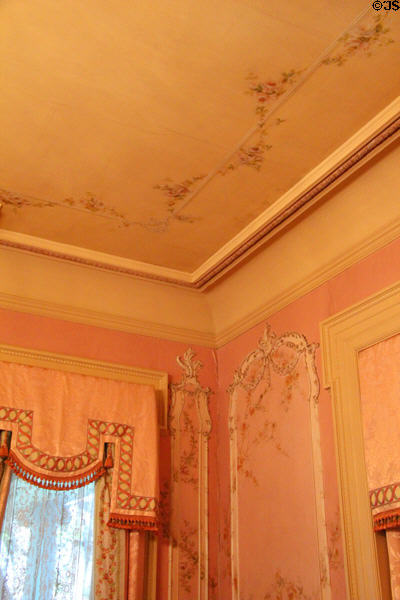 Canvas wall & ceiling covering with trailing roses motif in pink parlor at McFaddin-Ward House. Beaumont, TX.