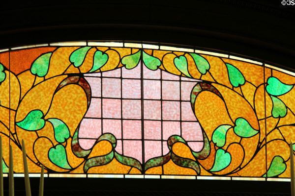 Detail of colored art glass panel (Lecoutour Bros. St. Louis Missouri) in breakfast room at McFaddin-Ward House. Beaumont, TX.