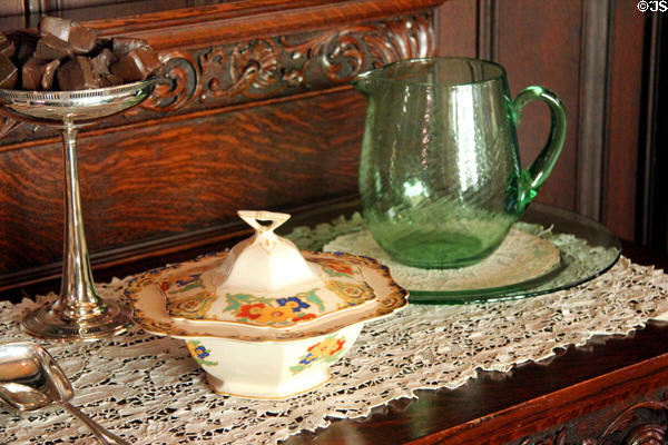 Covered dish on sideboard in breakfast room at McFaddin-Ward House. Beaumont, TX.