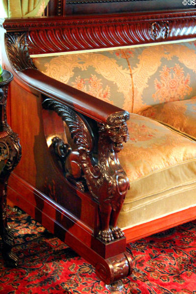 Carved detail of sofa in music room at McFaddin-Ward House. Beaumont, TX.