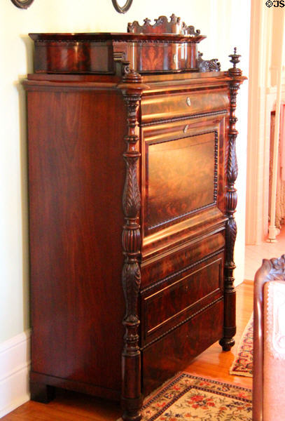 Drop front chest in master bedroom at McFaddin-Ward House. Beaumont, TX.