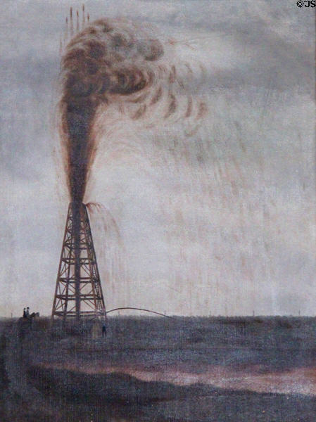 Painting of Lucas Gusher on Spindletop Hill after photo by Frank Trost at McFaddin-Ward House. Beaumont, TX.