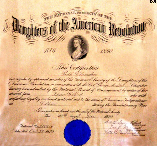 Certificate (1929) of Ruth Chamber's membership in the Daughters of the American Revolution at Chambers House Museum. Beaumont, TX.