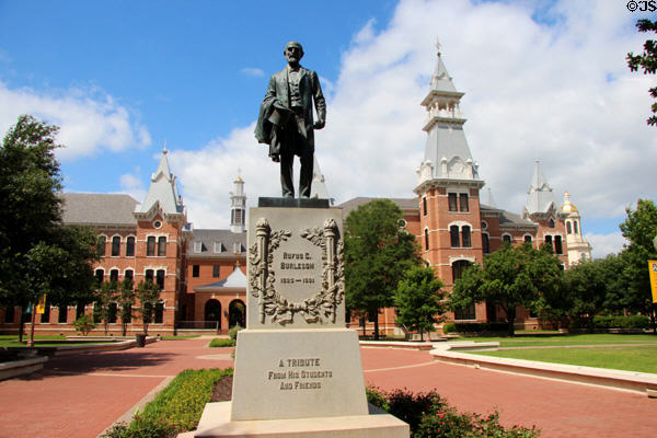 Rufus C. Burleson statue before Burleson (1888) & Old Main Halls (1886) on campus of Baylor University. Waco, TX.