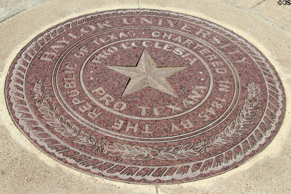 Baylor University seal on sidewalk of Burleson Quadrangle. Waco, TX.