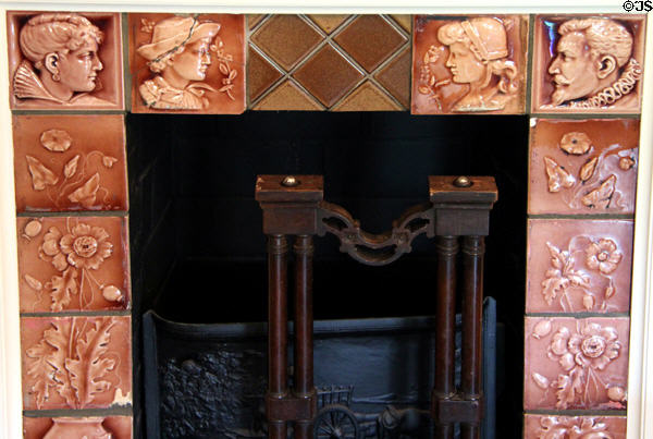 Encaustic tiles on fireplace surround at Hoffmann House. Waco, TX.