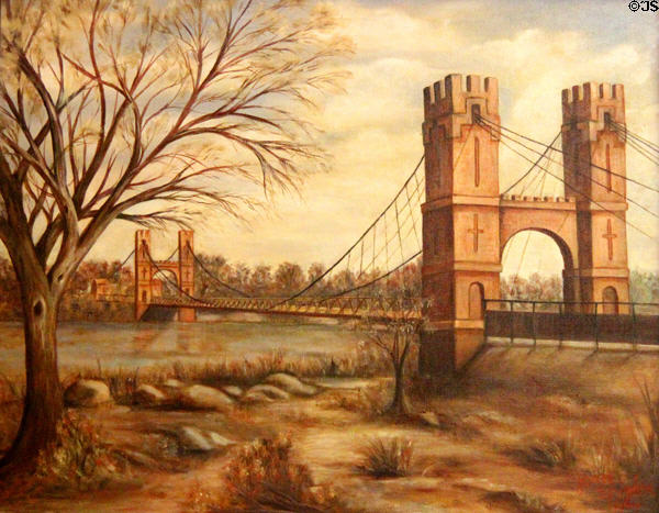Painting of Chisholm Trail suspension bridge across Brazos River in Waco, TX as it appeared when built in 1870 with crenellation intact at Fort House. Waco, TX.