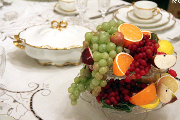 Faux fruit arrangement on dining room table at McCulloch House. Waco, TX.
