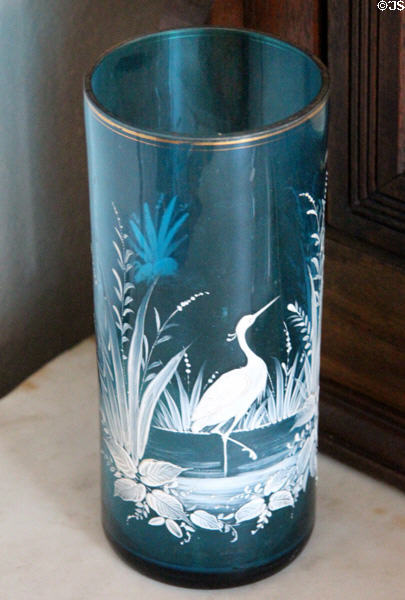 Blue glass tumbler with white heron image at East Terrace House. Waco, TX.