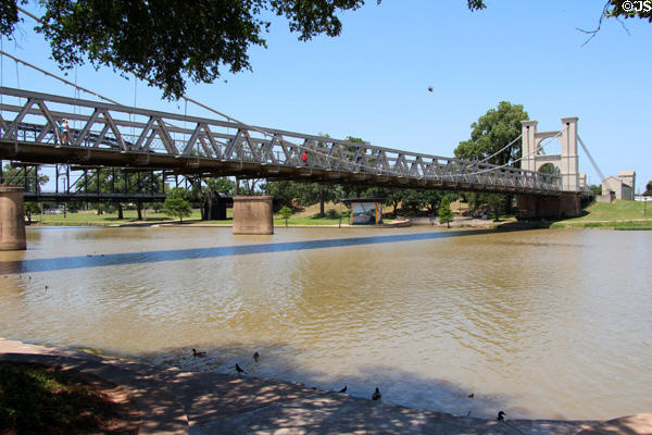 Waco Suspension Bridge (1866-70) (475ft / 145m) across Brazos River was longest single-span suspension bridge west of the Mississippi when opened. Waco, TX.