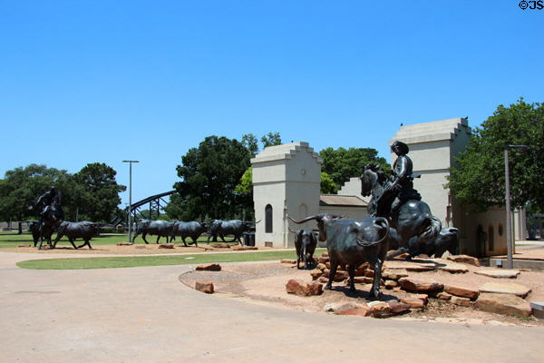 Chisholm Trail (aka Branding the Brazos) sculpture (2008-14) by Robert Summers at entrance to Waco Suspension Bridge. Waco, TX.