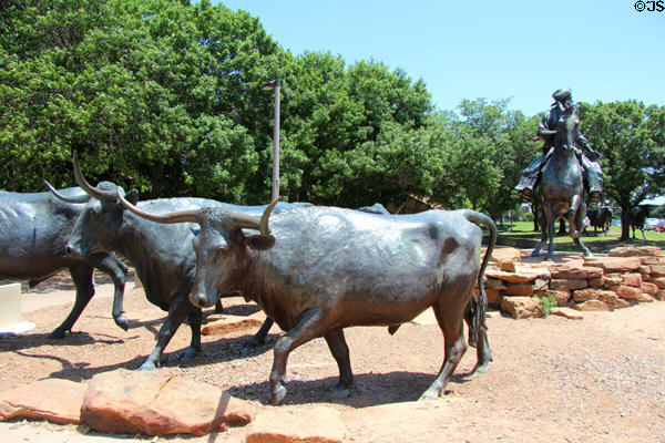 Longhorns of Chisholm Trail sculpture approach Waco Suspension Bridge crossing of Brazos River. Waco, TX.