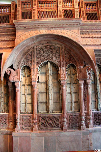 Carved details of Mughal-period Haveli (private palace) (18thC) from Rajasthan, India at Crow Collection of Asian Art. Dallas, TX.