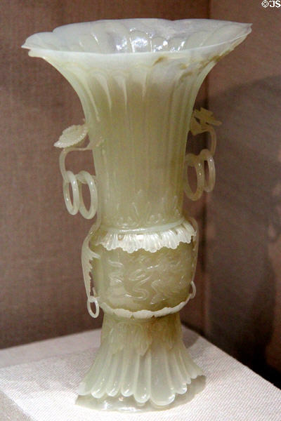 Qing dynasty carved jadeite vessel (18th-19thC) from China at Crow Collection of Asian Art. Dallas, TX.