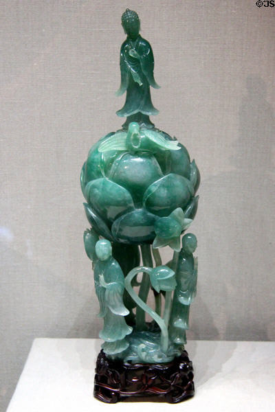 Qing dynasty carved jadeite container depicting rebirth in paradise of Amitabha (late 19thC) from China at Crow Collection of Asian Art. Dallas, TX.