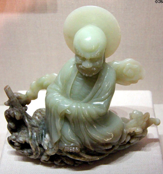 Qing dynasty carved jadeite container depicting Bodhidharma crossing the Yangtze on a Reed (late 19th - early 20thC) from China at Crow Collection of Asian Art. Dallas, TX.