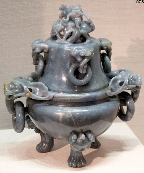 Qing dynasty carved jadeite tripod censer (late 19thC) from China at Crow Collection of Asian Art. Dallas, TX.