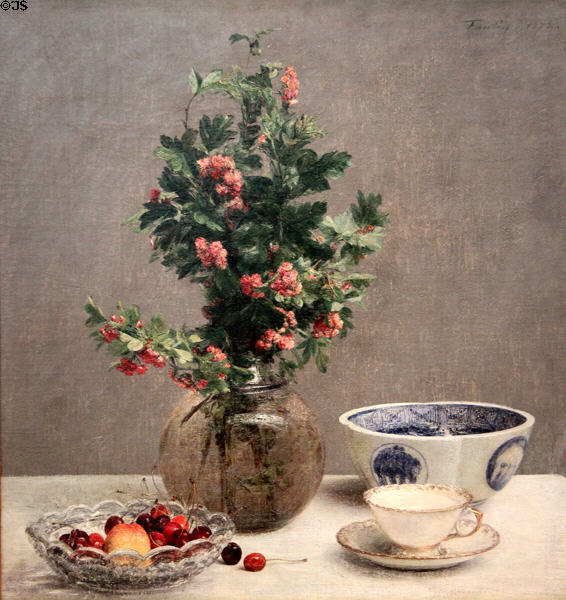 Still Life with Vase of Hawthorn, Cherries, Japanese Bowl & Cup & Saucer painting (1872) by Henri Fantin-Latour at Dallas Museum of Art. Dallas, TX.