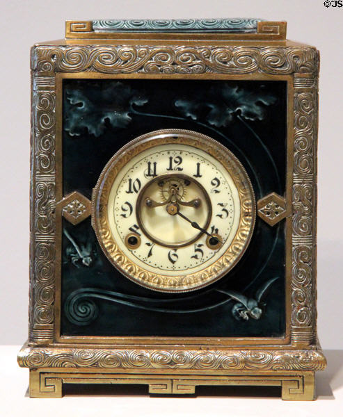 Albatross mantel clock (c1884-6) by New Haven Clock Co., CT & J. & J. Low Tile Works of MA at Dallas Museum of Art. Dallas, TX.