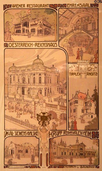 Poster details of Austrian buildings at Exposition Universelle (1900) by Alphonse Mucha at Dallas Museum of Art. Dallas, TX.