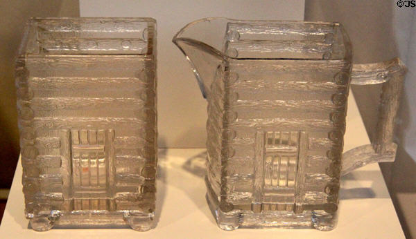 Pressed glass log cabin pattern creamer & sugar bowl (c1863-92) by Central Glass Co., Wheeling, WV at Dallas Museum of Art. Dallas, TX.