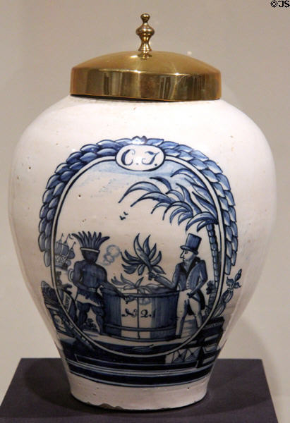 Earthenware tobacco jar from Netherlands at Dallas Museum of Art. Dallas, TX.