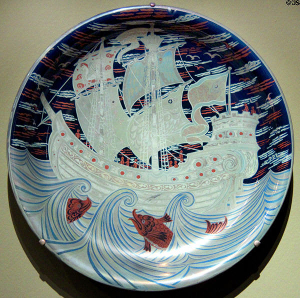 Earthenware charger with ship (1881, made c 1898-1907) by Charles Passenger for William De Morgan of Britain at Dallas Museum of Art. Dallas, TX.