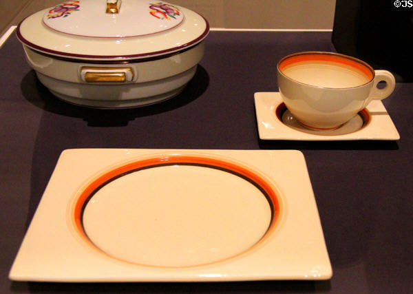 Earthenware Biarritz square plate, cup & saucer (c1933) by Clarice Cliff of Arthur J. Wilkinson Ltd., Royal Staffordshire Pottery, Burslem, England at Dallas Museum of Art. Dallas, TX.