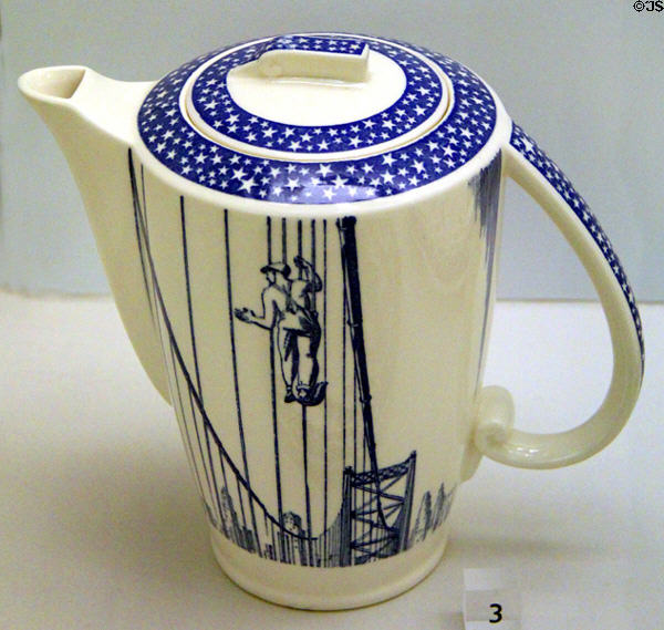 Earthenware coffeepot with Pacific State bridge builder from Our America series (c1930) by Vernon Kilns Pottery, Los Angeles, CA at Dallas Museum of Art. Dallas, TX.