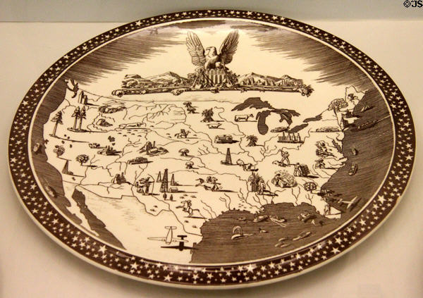 Earthenware plate with Pacific State map from Our America series (c1940) by Rockwell Kent of Vernon Kilns Pottery, Los Angeles, CA at Dallas Museum of Art. Dallas, TX.