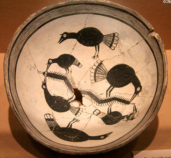 Ceramic black-on-white bowl with turkeys & centipede (c1000-1150) by Mogollon culture (Mimbres people) of NM at Dallas Museum of Art. Dallas, TX.