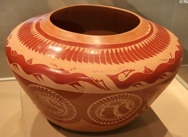 Ceramic red sgraffito jar with water serpents & feathers (c1993) by Vangie Tafoya of Santa Clara Pueblo, NM at Dallas Museum of Art. Dallas, TX.