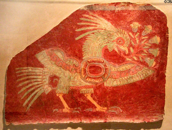 Teotihuacan fresco mural of bird with medallion & flower scroll (c650-750) from Mexico at Dallas Museum of Art. Dallas, TX.