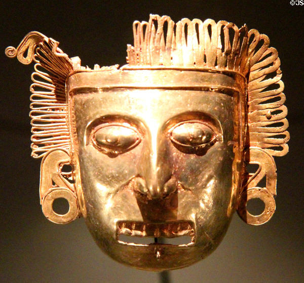 Gold Mixtec pectoral mask (1350-1521) from Oaxaca, Mexico at Dallas Museum of Art. Dallas, TX.