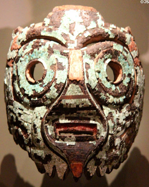 Turquoise Mixtec-Aztec mask (1350-1521) from Mexico at Dallas Museum of Art. Dallas, TX.