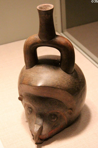 Ceramic Tembladera-style stirrup-spout vessel of composite animal head (900-200 BCE) from north coast (Jequetepeque Valley), Peru at Dallas Museum of Art. Dallas, TX.