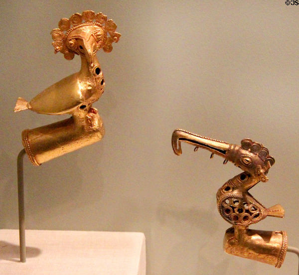 Gold bird-form finials (500-1500) from Sinú region, Colombia at Dallas Museum of Art. Dallas, TX.